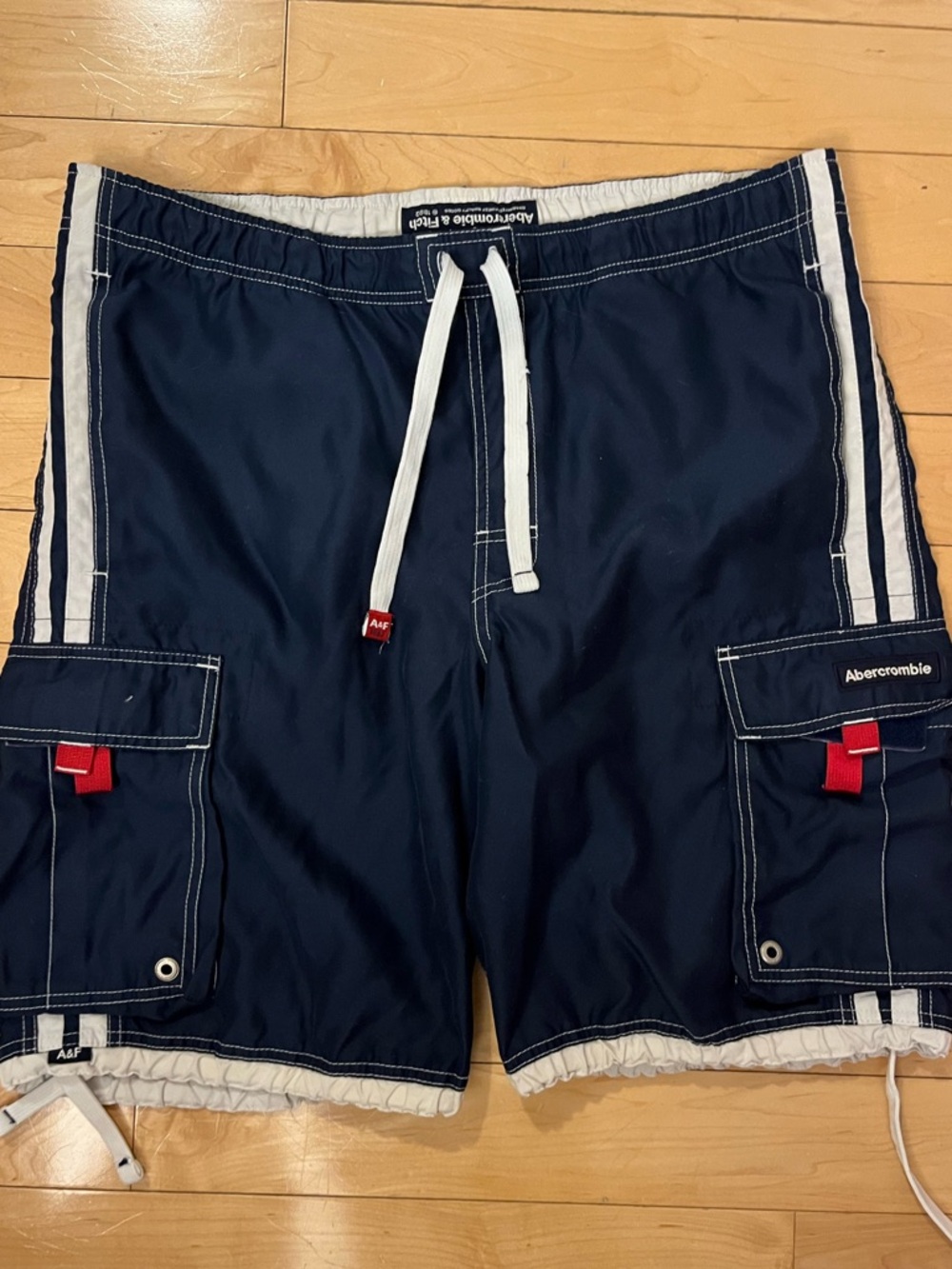 Vintage Abercrombie Navy Cargo Swim Trunks Board Shorts with White Trim